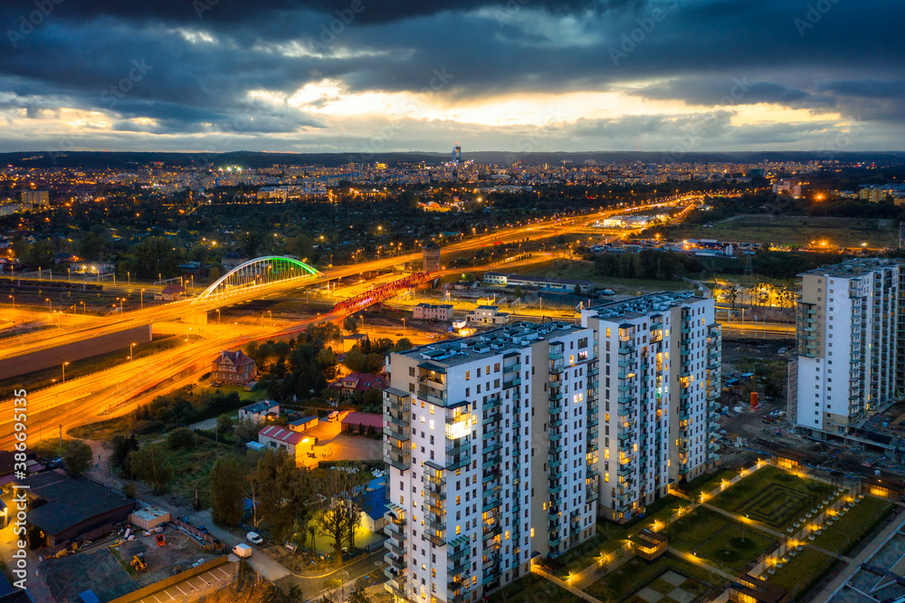 Aerial scenery of residential area in Gdansk at dusk, Poland