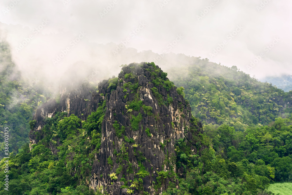 mountain with fog on top mountain after rain in nature