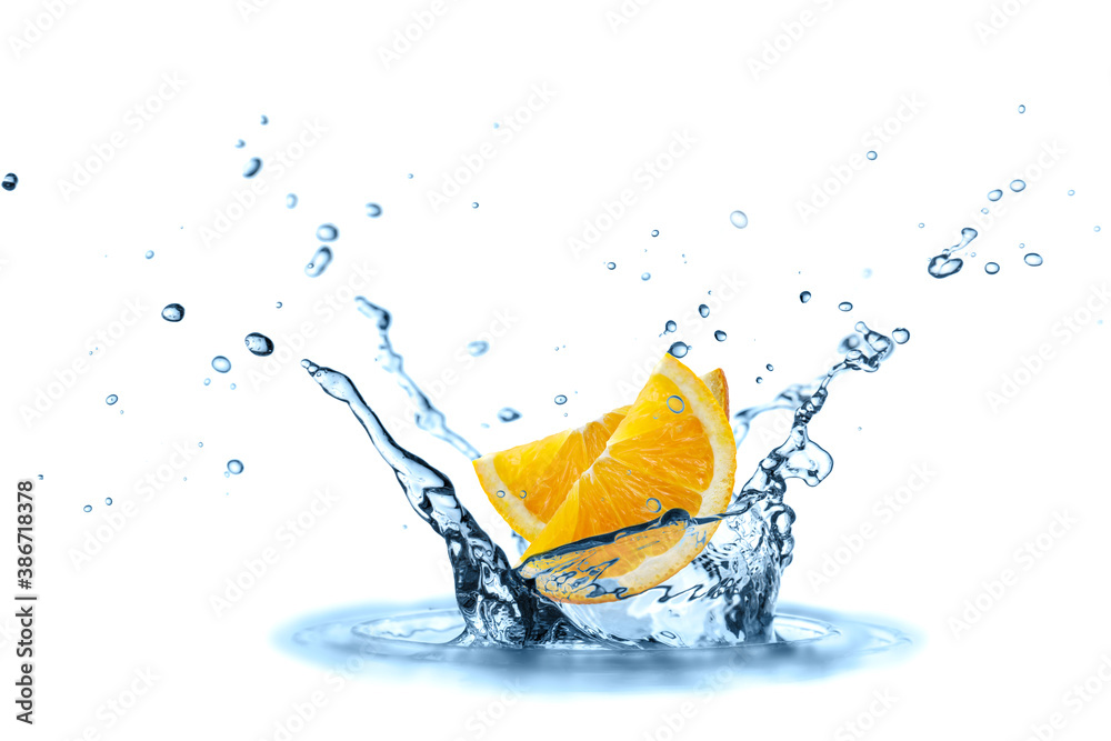 Two orange slices falling in splashing water isolated on white