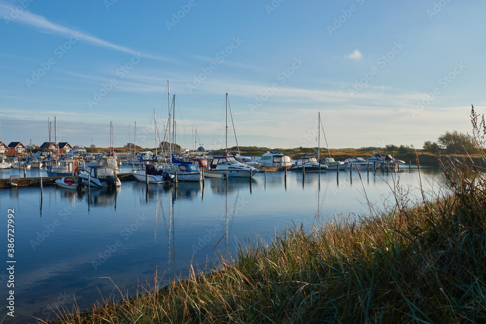 Front view of a Danish marina, the boats on the water are securely attached to the pier. Some chalet