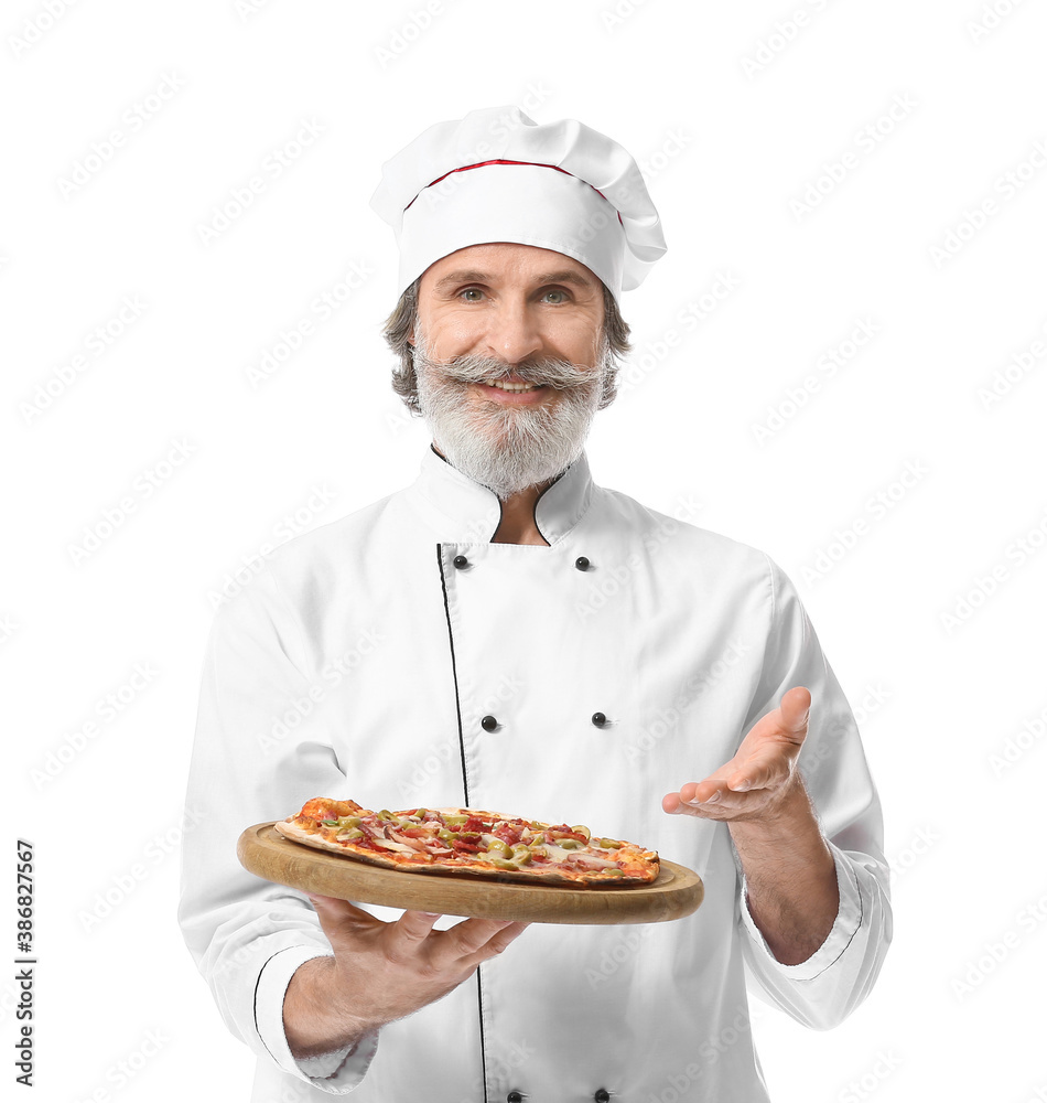 Mature male chef with tasty pizza on white background