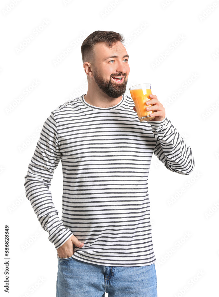 Man with orange juice on white background