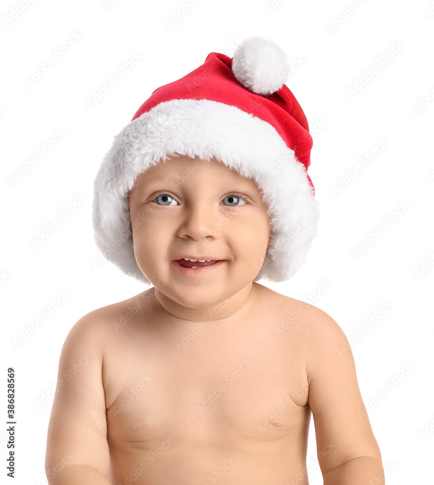 Cute little baby in Santa hat on white background