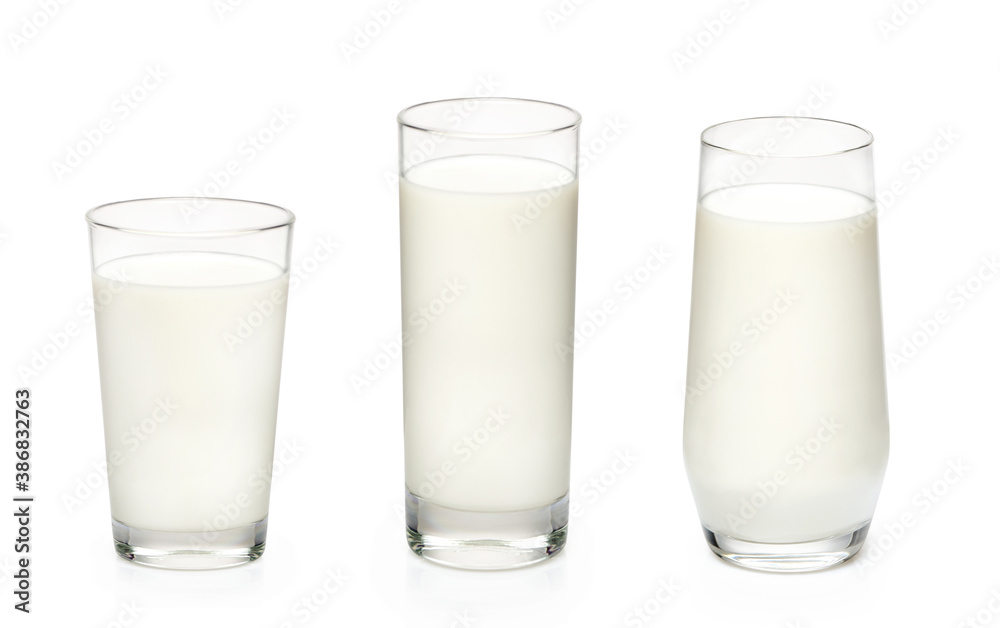 Three glasses of milk isolated on white background. Set of glasses with milk.