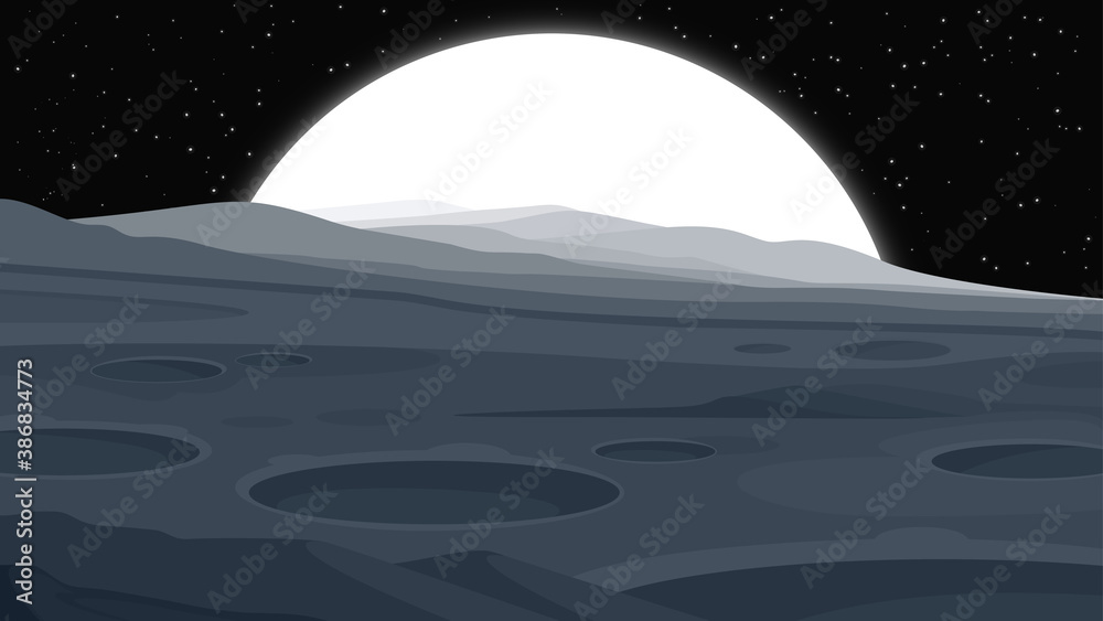 Alien planet landscape, vector space background. Fantasy planet surface with mountains and meteorite