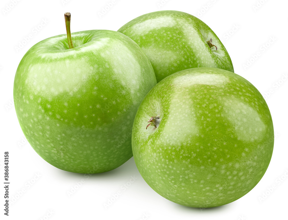 Three ripe green apples on a white background