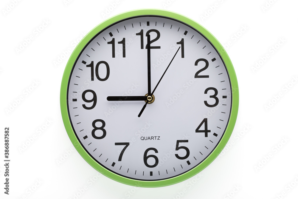 Nine oclock. Clock on white background showing time. Clipping path included.