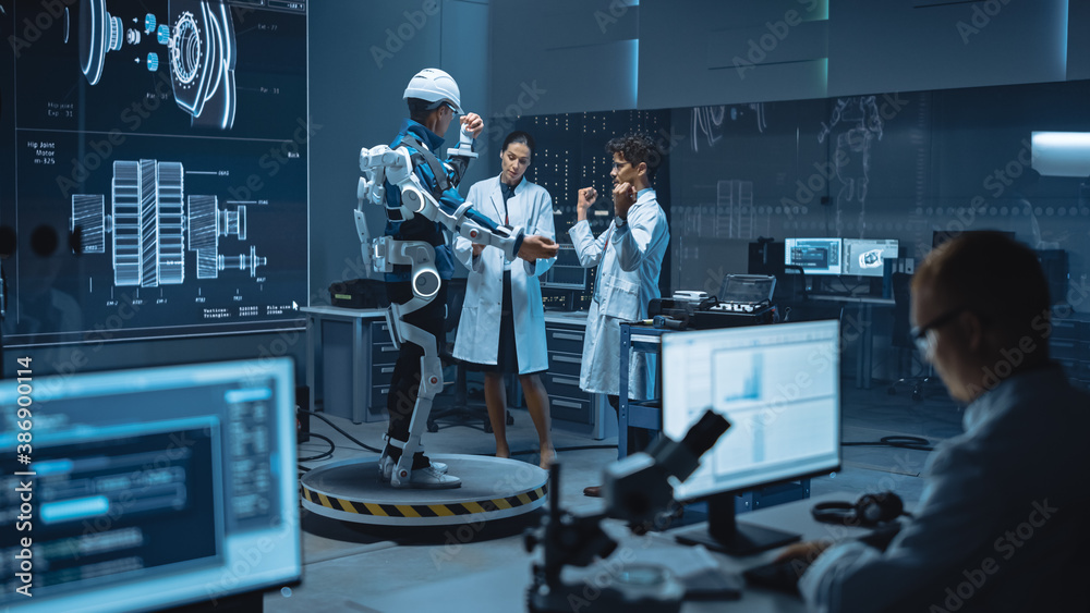 In Robotics Development Laboratory: Engineers and Scientists Work on a Bionics Exoskeleton Prototype