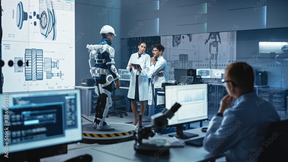 In Robotics Development Laboratory: Engineers and Scientists Work on a Bionics Exoskeleton Prototype