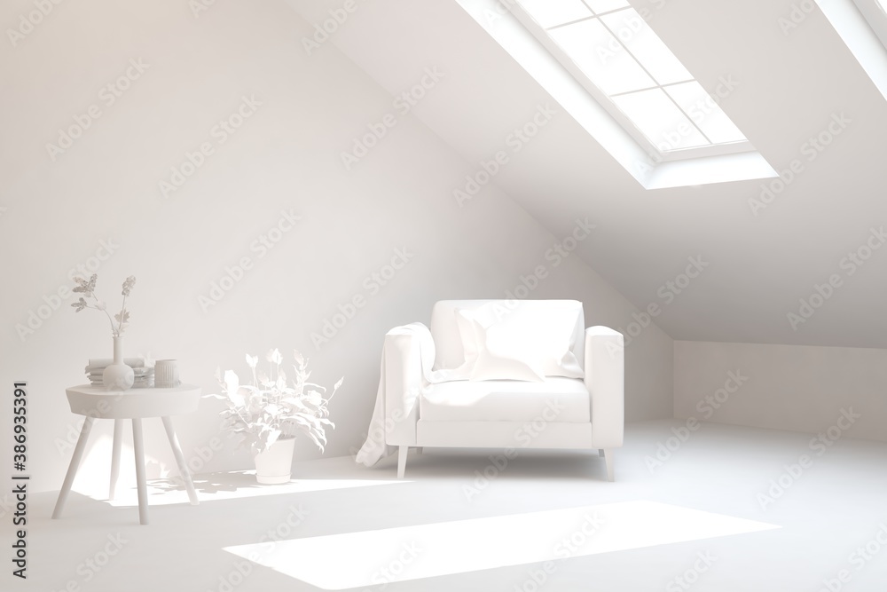 Mock up of stylish room in white color with armchair. Scandinavian interior design. 3D illustration