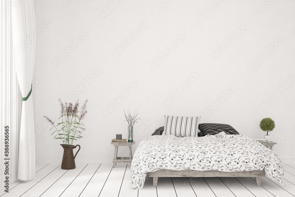 White bedroom interior. Scandinavian design. 3D illustration