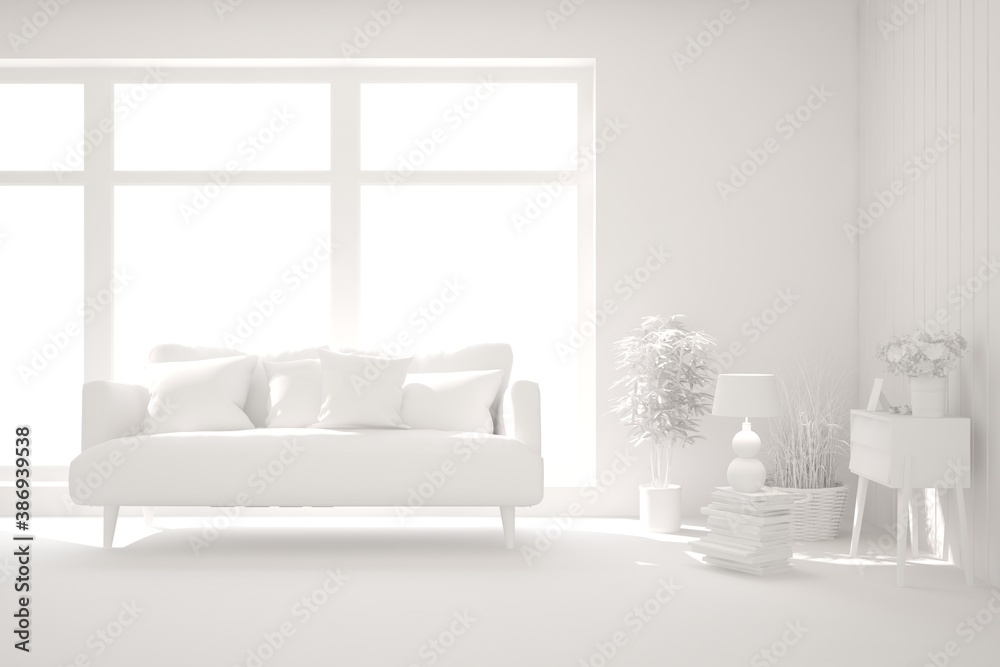 White minimalist living room with sofa. Scandinavian interior design. 3D illustration