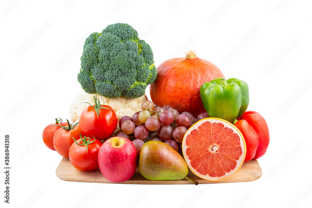 Group vegetables and Fruits Apples, grapes, oranges, and bananas in the wooden basket with carrots, 