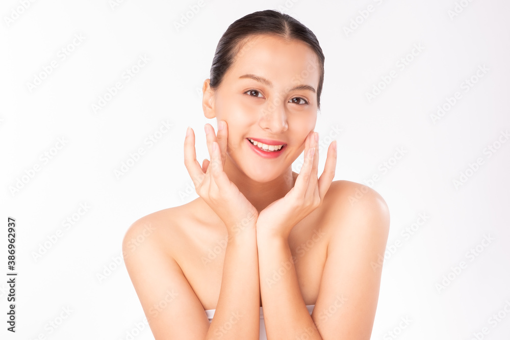 Young Asian beauty woman touching on beauty facial skin. Natural face care and skincare concept.