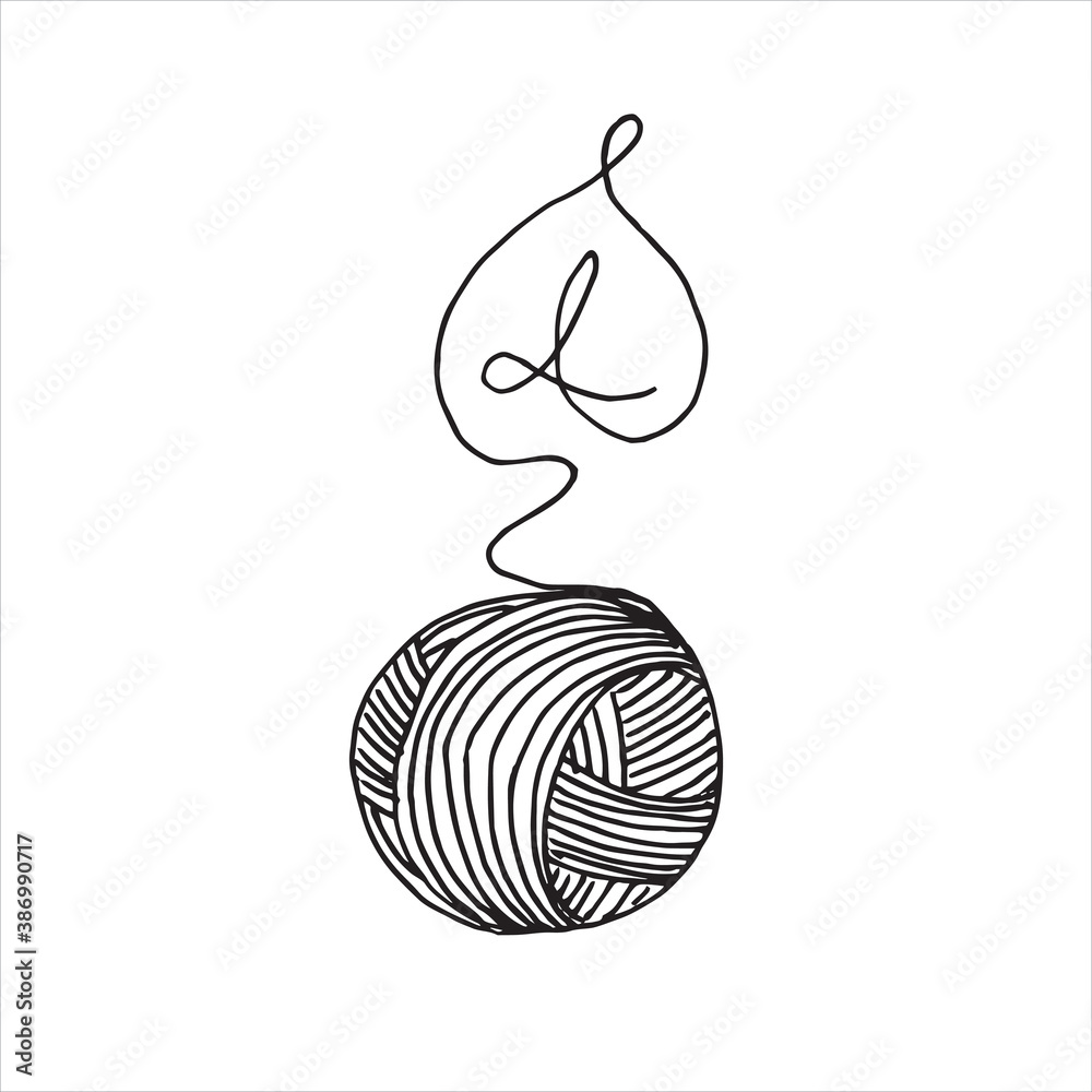 vector drawing in the style of doodle. balls of yarn for knitting and plant leaves. one line drawing