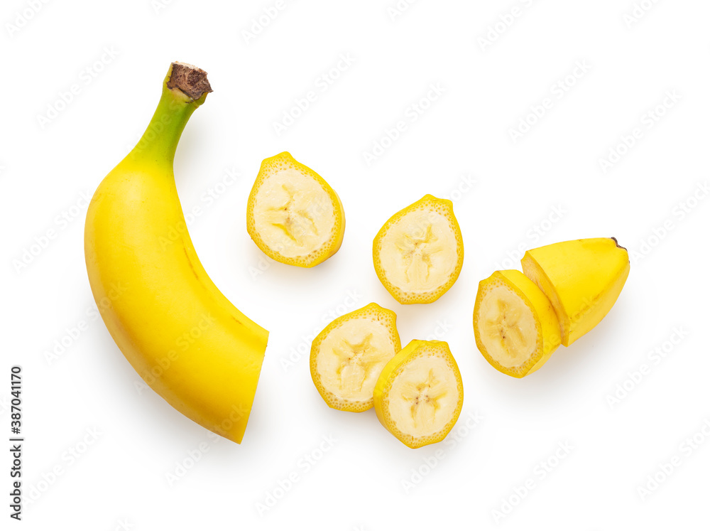 Sliced bananas on a white background