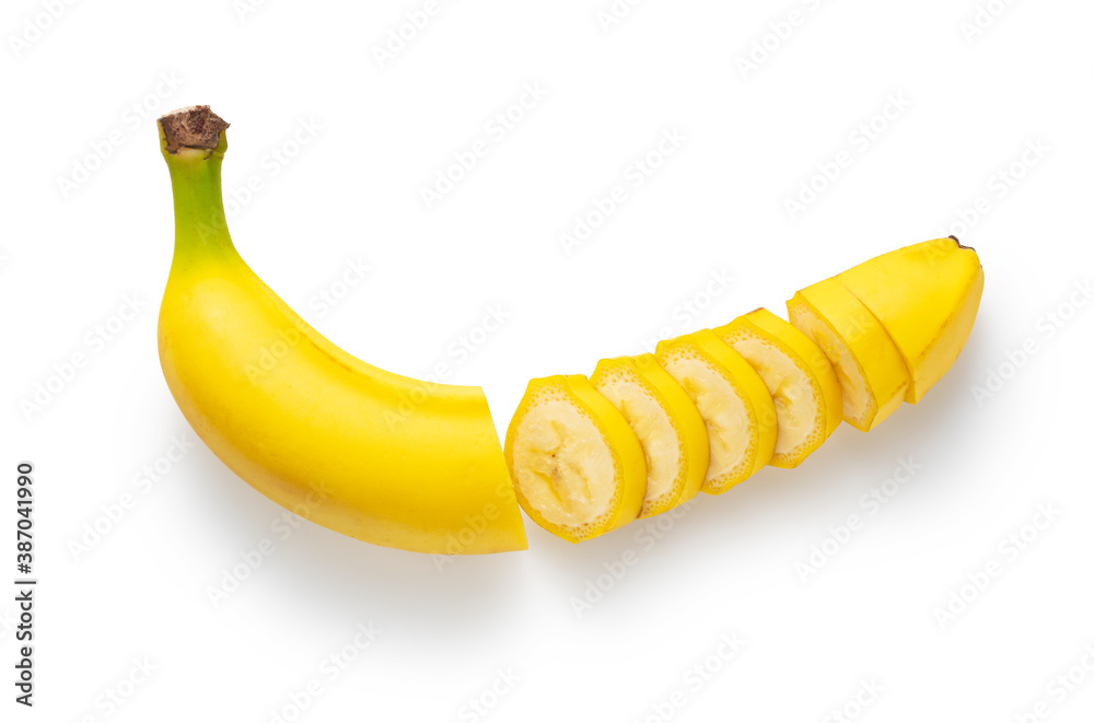 Sliced bananas on a white background