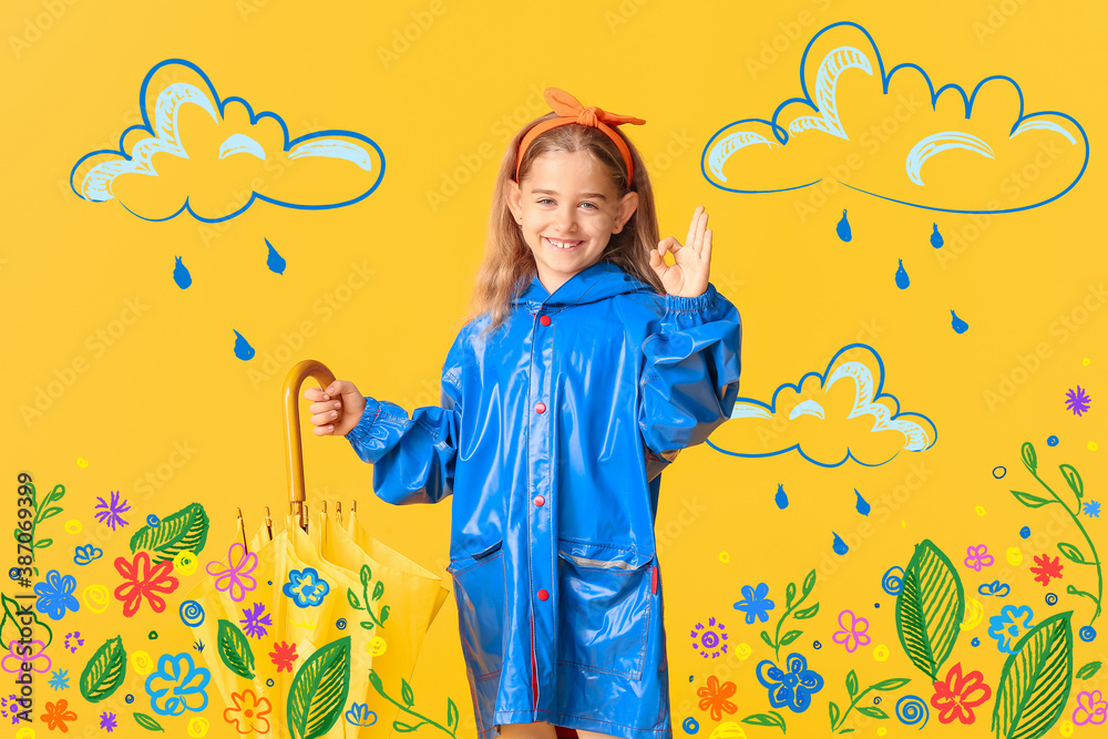 Cute little girl in raincoat and with umbrella on color background with drawn clouds and flowers