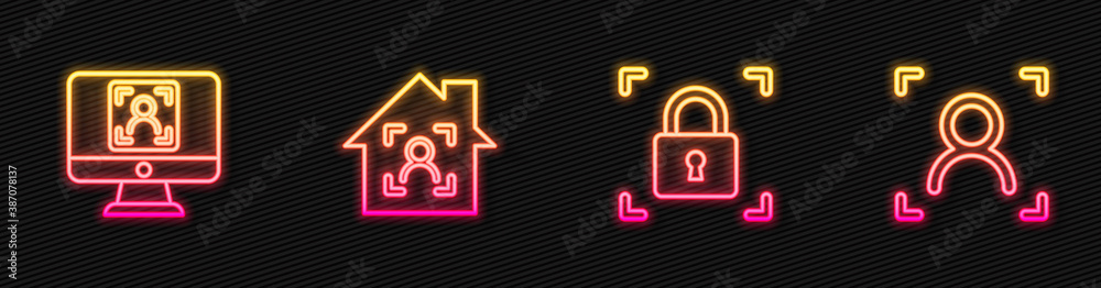 Set line Fingerprint with lock, Face recognition, Smart home face id and . Glowing neon icon. Vector