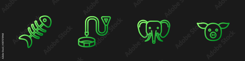 Set line Elephant, Fish skeleton, Collar with name tag and Pig. Gradient color icons. Vector.