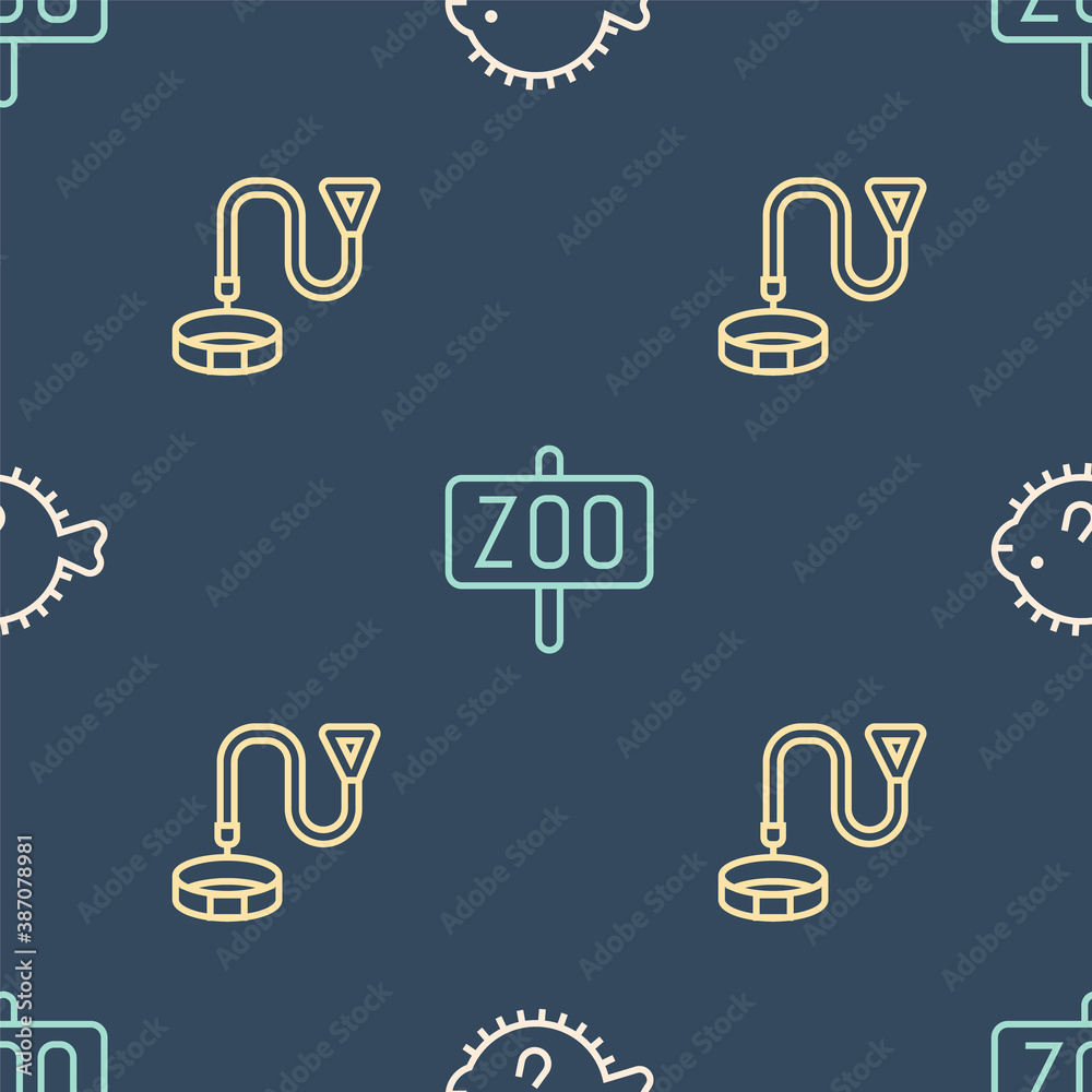 Set line Puffer fish, Collar with name tag and Zoo park on seamless pattern. Vector.