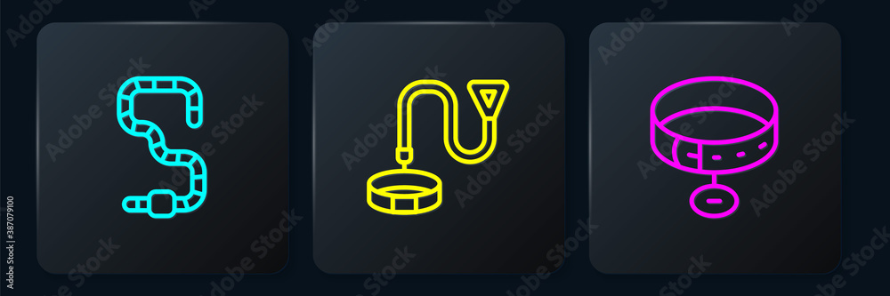 Set line Worm, Collar with name tag and . Black square button. Vector.