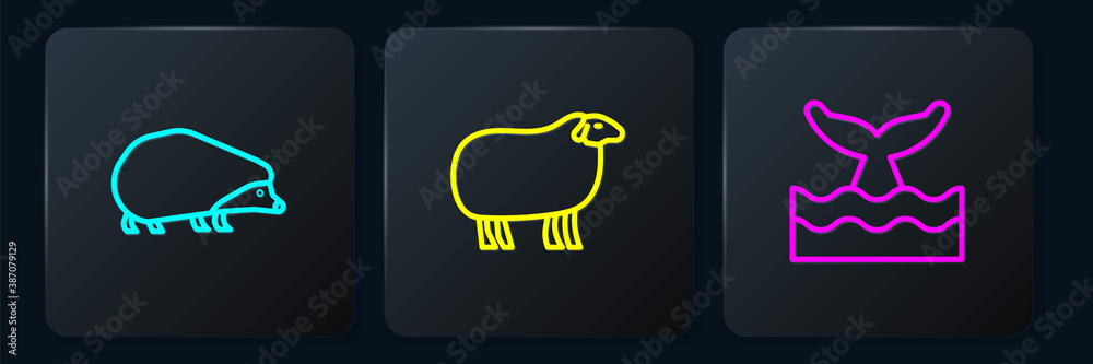 Set line Hedgehog, Whale tail in ocean wave and Sheep. Black square button. Vector.