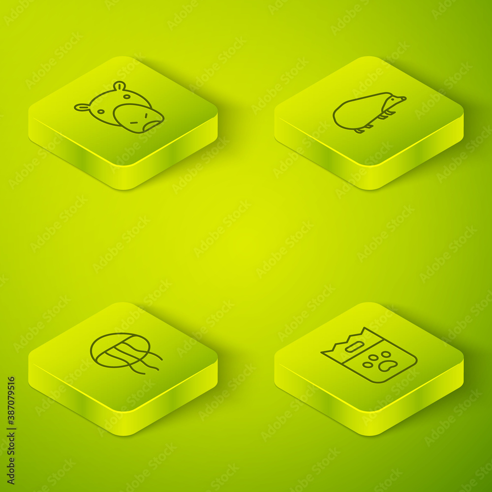 Set Isometric Hedgehog, Jellyfish, Bag of food and Hippo or Hippopotamus icon. Vector.