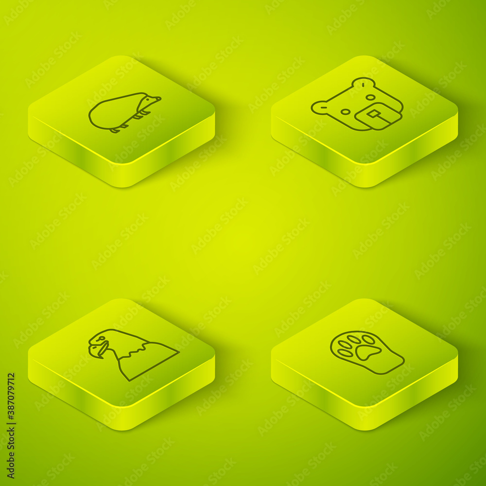 Set Isometric Bear head, Eagle, Paw print and Hedgehog icon. Vector.