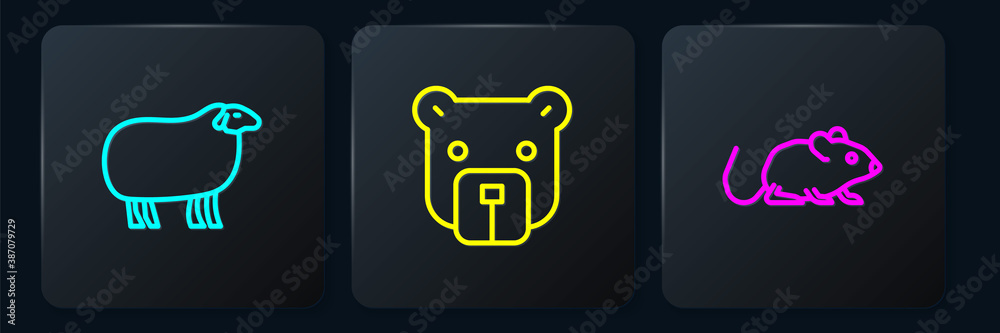 Set line Sheep, Rat and Bear head. Black square button. Vector.