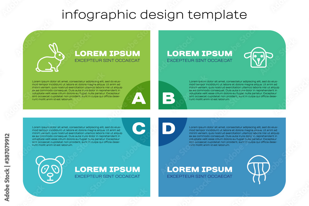 设置线条可爱的熊猫脸、兔子、水母和羊头。商业信息图模板。矢量。