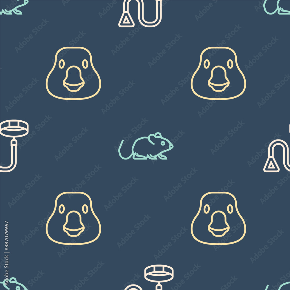 Set line Collar with name tag, Goose bird and Rat on seamless pattern. Vector.