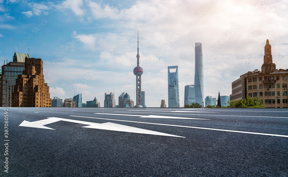 Road ground and modern architectural landscape skyline of Chinese city