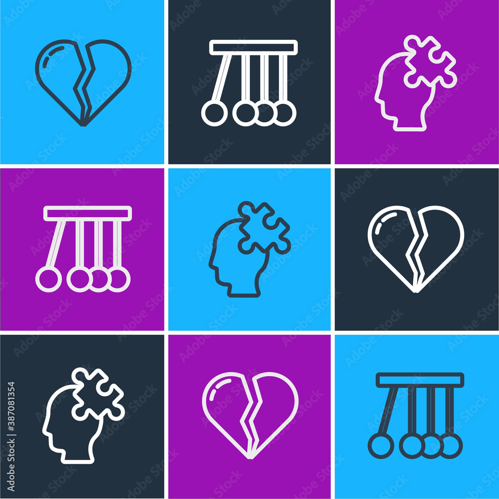 Set line Broken heart or divorce, Solution to the problem and Pendulum icon. Vector.