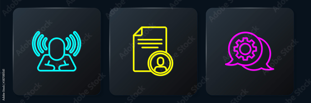 Set line Head hunting, Speech bubble chat and Resume. Black square button. Vector.