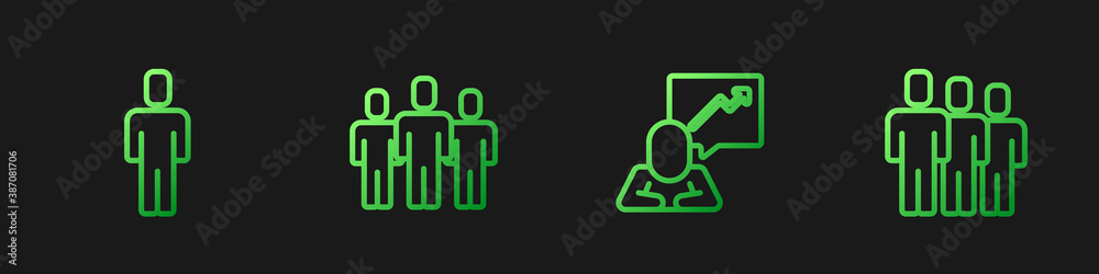 Set line Team leader, Head hunting, Users group and . Gradient color icons. Vector.