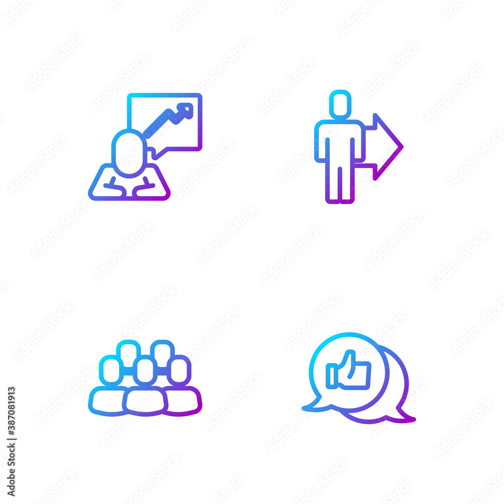 Set line Hand like, Project team base, Team leader and . Gradient color icons. Vector.