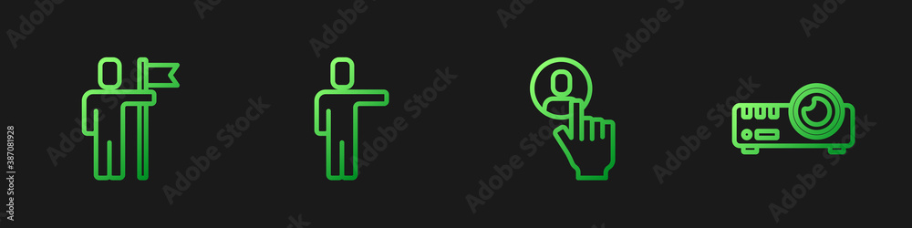 Set line Head hunting, Team leader, and Media projector. Gradient color icons. Vector.