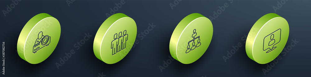 Set Isometric Media projector, Users group, Hierarchy organogram chart and Head hunting icon. Vector