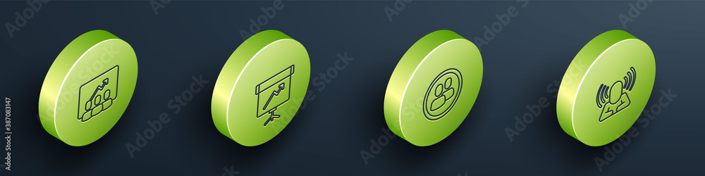 Set Isometric Project team base, Chalkboard with diagram, and Head hunting icon. Vector.