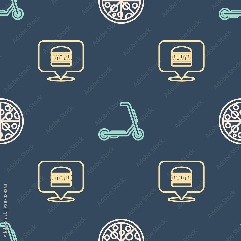 Set line Pizza, Online ordering burger delivery and Scooter on seamless pattern. Vector.