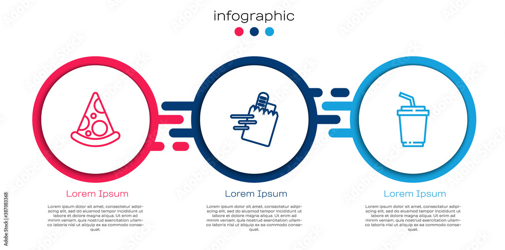 Set line Slice of pizza, Online ordering and delivery and Paper glass with water. Business infograph