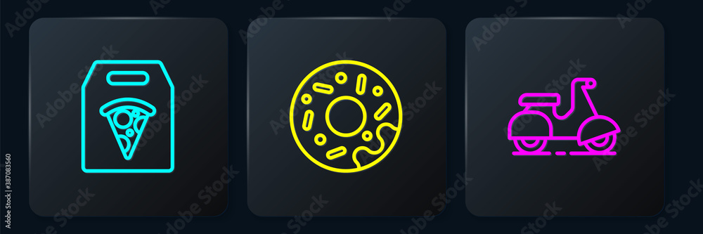 Set line Online ordering pizza delivery, Scooter and Donut. Black square button. Vector.