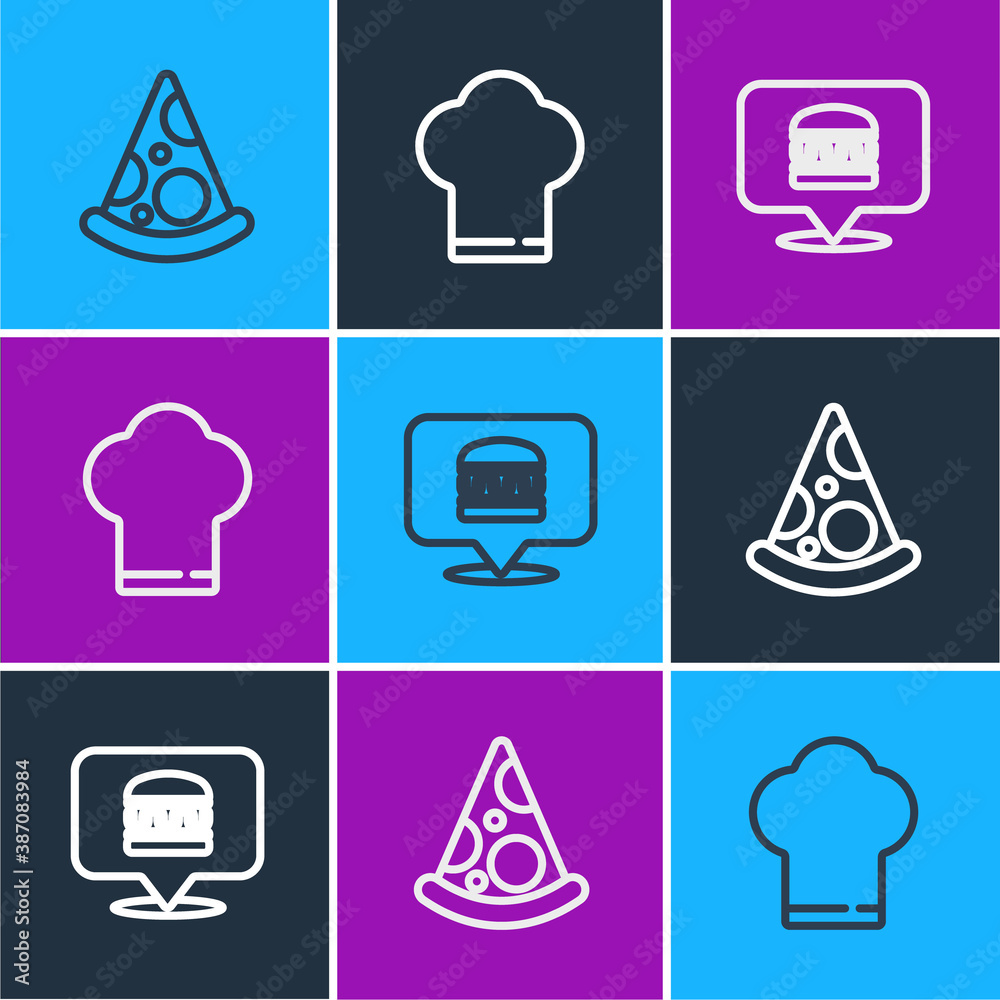 Set line Slice of pizza, Online ordering burger delivery and Chef hat icon. Vector.