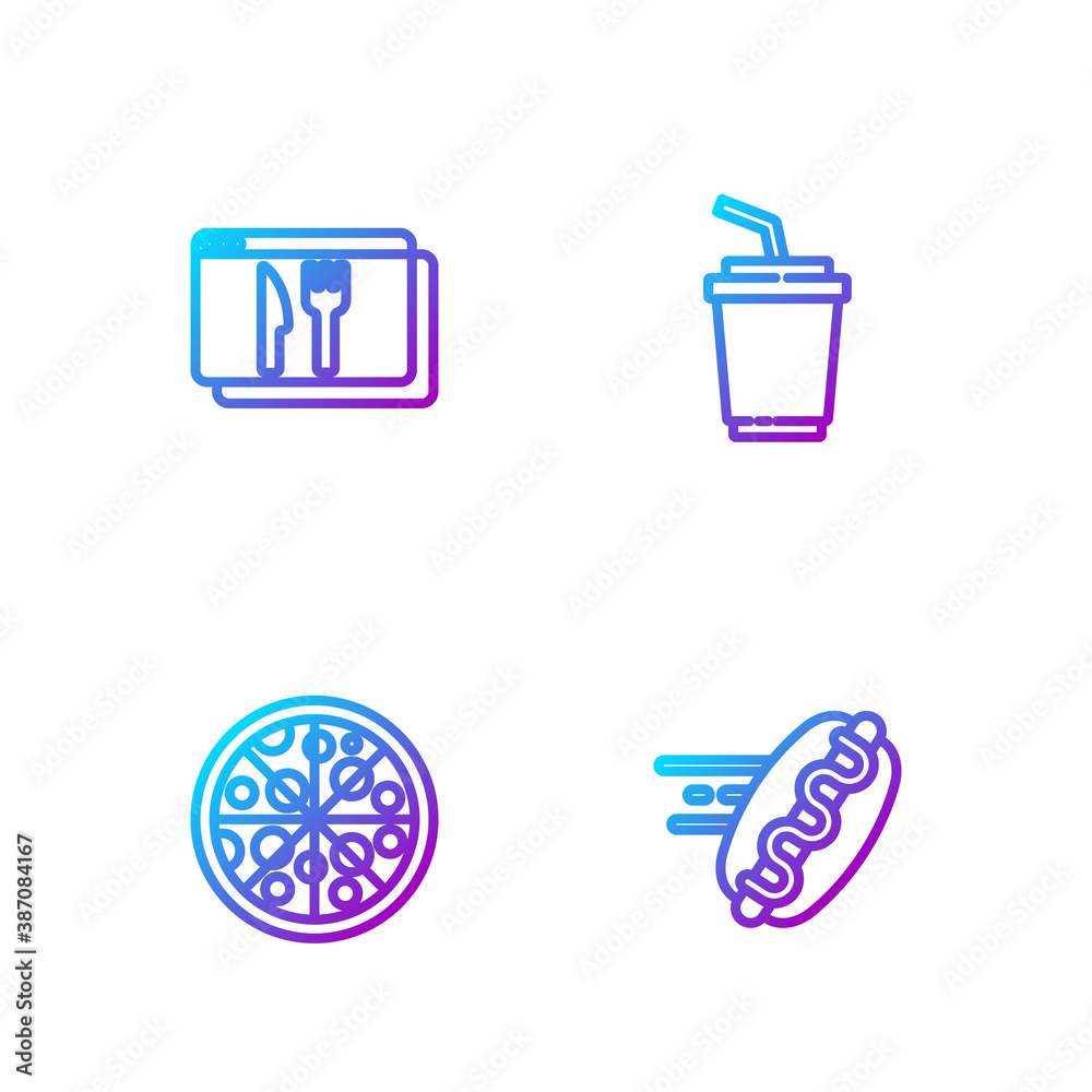 Set line Online ordering hotdog, Pizza, and delivery and Paper glass with water. Gradient color icon