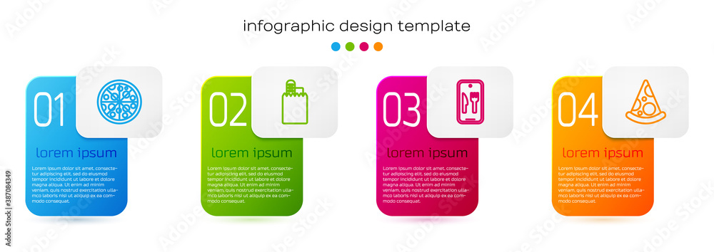 Set line Pizza, Online ordering and delivery, and Slice of pizza. Business infographic template. Vec