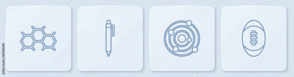 Set line Chemical formula, Solar system, Pen and American Football ball. White square button. Vector