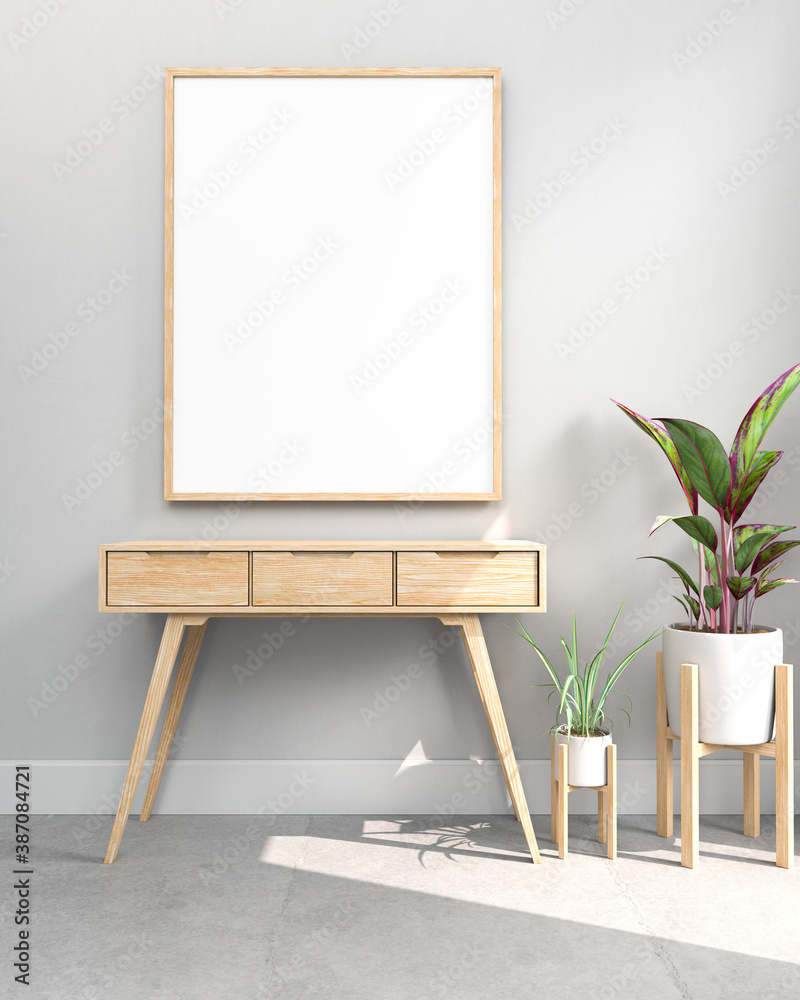 blank frame on the wall with plant, 3d illustration