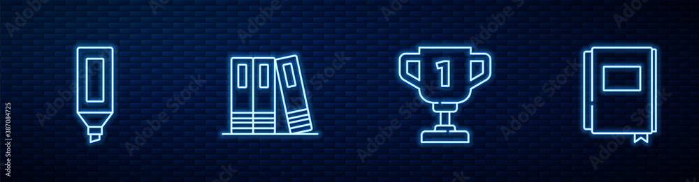 Set line Award cup, Marker pen, Office folders and Book. Glowing neon icon on brick wall. Vector.