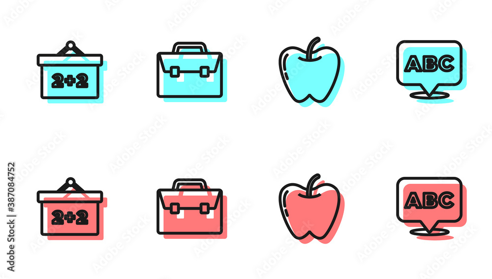 Set line Apple, Chalkboard, Briefcase and Alphabet icon. Vector.